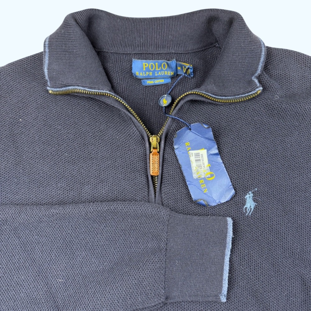 Polo Ralph Lauren Mens Pima Cotton Quarter Zip Sweater Navy Blue Medium NWT